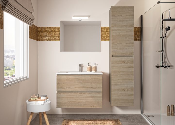 Ensemble De Salle De Bain Bazil Avec Tiroirs 80 Cm Chêne Hamilton Allibert  – Mr.bricolage à Meuble Salle De Bain Mr Bricolage