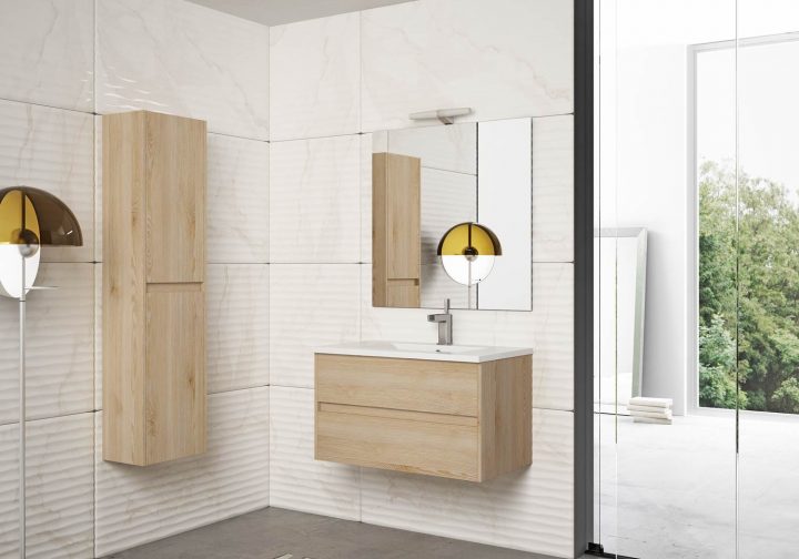 Ensemble De Salle De Bain Lerma Meuble Suspendu Bois Clair 80 Cm tout Meuble Salle De Bain Bois Clair