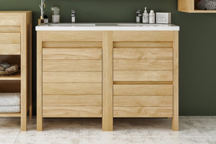 Meuble De Salle De Bain 120 Cm En Chêne Massif Avec Double Vasque – Hellin encequiconcerne Meuble Salle De Bain Bois Clair