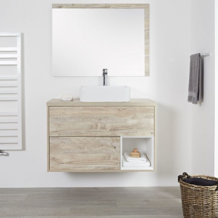 Meuble Salle De Bain Chêne Clair Avec Vasque À Poser – 100Cm – 2 Tiroirs serapportantà Meuble Salle De Bain Bois Clair