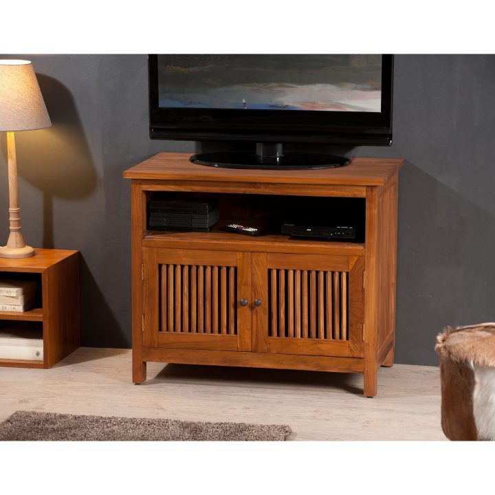 Meuble Tv Avec 2 Portes Persiennes Rustique Marron En Bois destiné Meuble Tv 110 Cm Teck