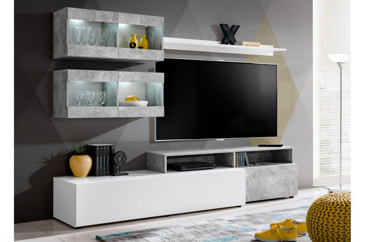 Meuble Tv Blanc & Béton 2M20 – Trendymobilier concernant Grand Meuble Tv Blanc