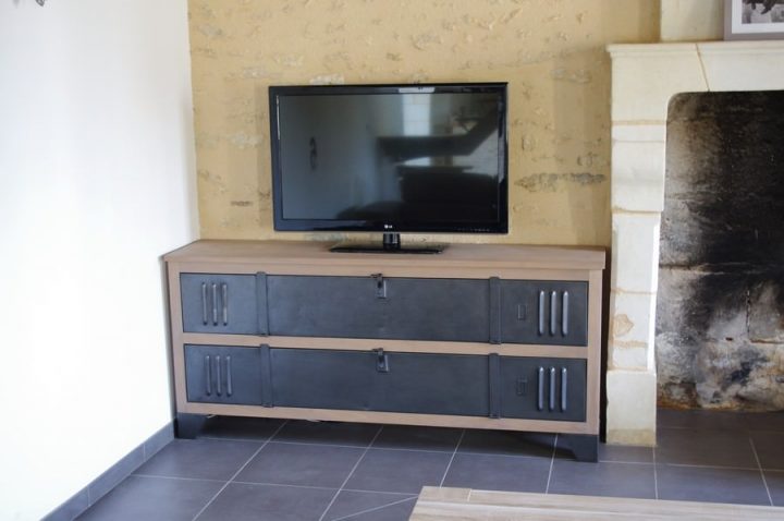 Meuble Tv Buffet Bois Metal Industriel Sur-Mesure.fab tout Meuble Tv Casier Industriel