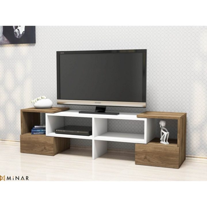 Meuble Tv Moderne Fold – 141 X 39 Cm – Blanc Et Marron concernant But Meuble Tv