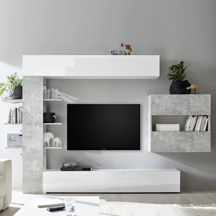 Meuble Tv Mural Blanc Et Gris, Meuble Tv Design, Grand pour Grand Meuble Tv Blanc