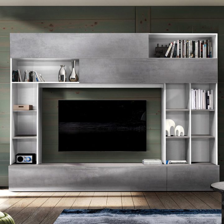 Mur Tv Design Gris Effet Béton Et Blanc Perdita tout Meuble Tv Fixé Au Mur