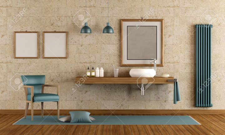 Salle De Bain Moderne Avec Vasque Sur Étagère En Bois – Rendu 3D destiné Étagère Salle De Bain Bois