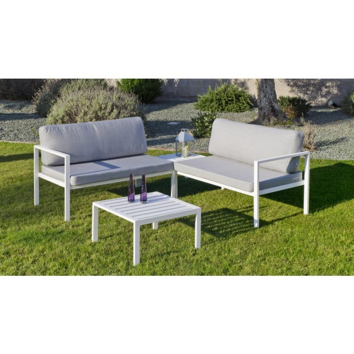 Salon De Jardin – Aluminium Blanc – Coussins Gris Clair destiné Salon De Jardin Intermarché