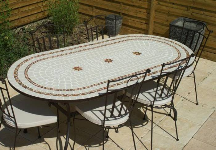 Table Jardin Mosaique Ovale 200Cm Céramique Blanche 2 tout Table Jardin Ceramique