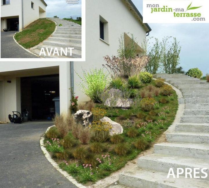 Aménager Une Entrée De Jardin En Pente | Jardin En Pente dedans Aménagement Extérieur Maison Terrain En Pente