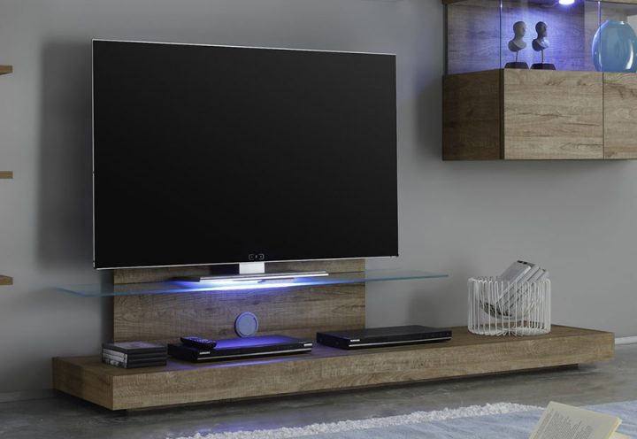 Ensemble Meuble Tv Chne Et Blanc Laqu – Eclairage Led En destiné Meuble Tele Led