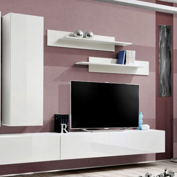 Meuble Tv Mural Design "Fly I" 320Cm Blanc avec Meubles Tv Fly