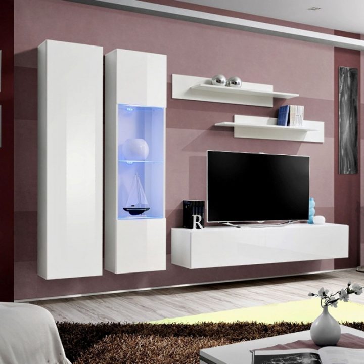 Meuble Tv Mural Design "Fly V" 260Cm Blanc avec Meubles Tv Fly