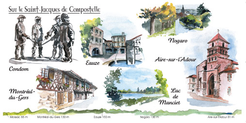 Cartes Aquarelles Moissac / Roncevaux Sur Le Chemin De St concernant Chemin De St Jacques De Compostelle Carte