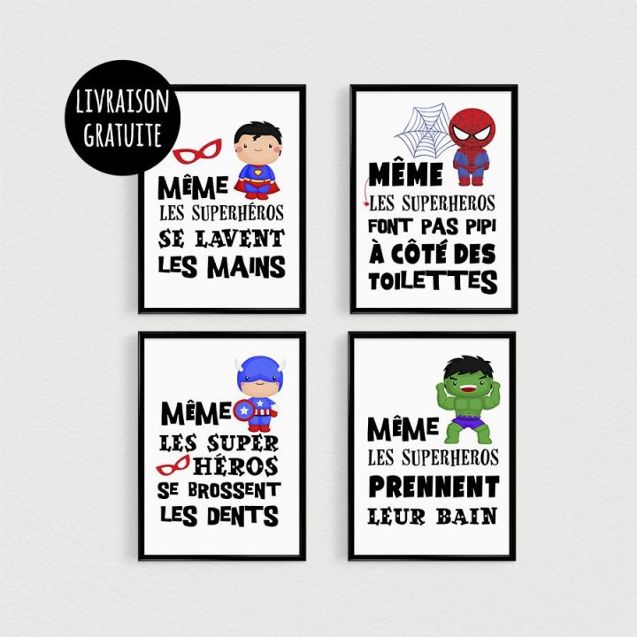 Promotion : Lot De 4 Posters Citations Super Héros Pour tout Affiche Pour Toilette