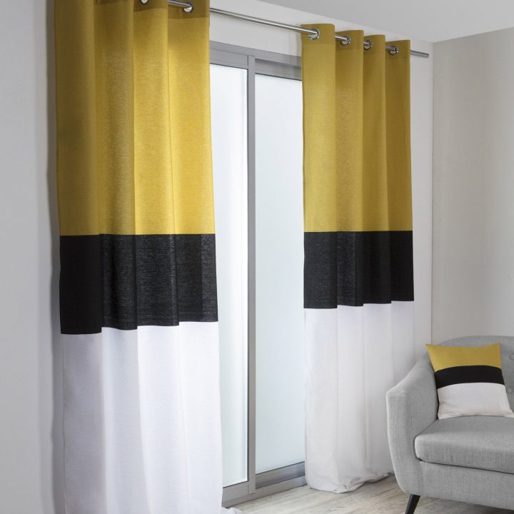 Rideau Tamisant, Yellow, Noir, Blanc Et Jaune, L.140 X H destiné Rideau Organdi Blanc