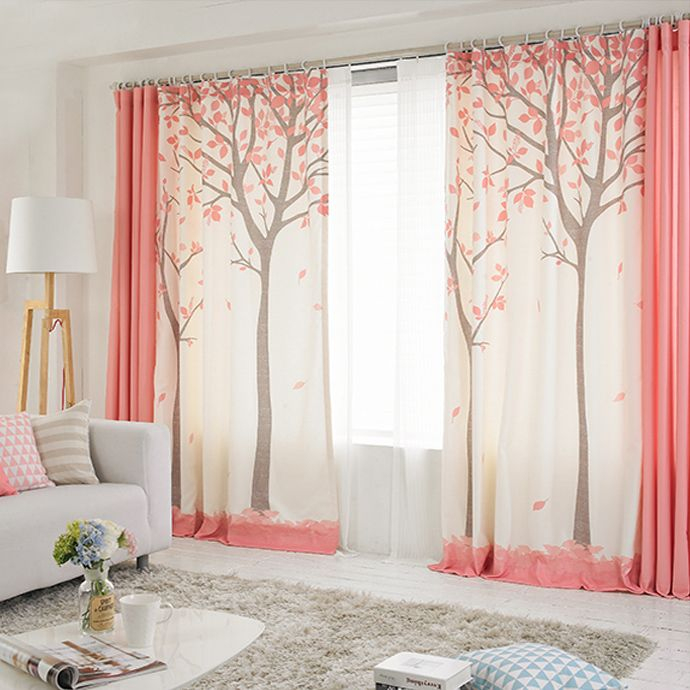 Rideaux Originaux Couleur Rose Et Blanc Motif Arbres Style avec Rideaux Blanc Et Doré