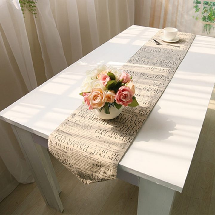 Table Runners English Letter Pattern Vintage Natural Table à Chemin De Table Romance