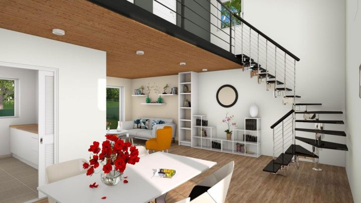 Maison Envol – Un Salon Moderne, Original Et Lumineux Avec serapportantà Plan Maison 20M2 Avec Mezzanine