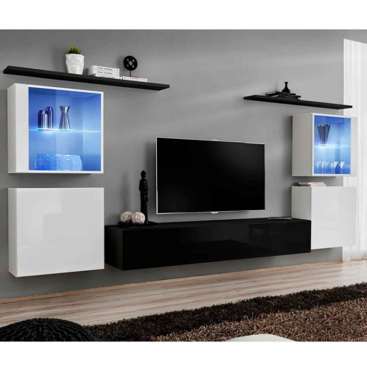 Meuble Tv Mural Design "Switch Xiv" 320Cm Noir & Blanc concernant Theta Design Meuble Tv