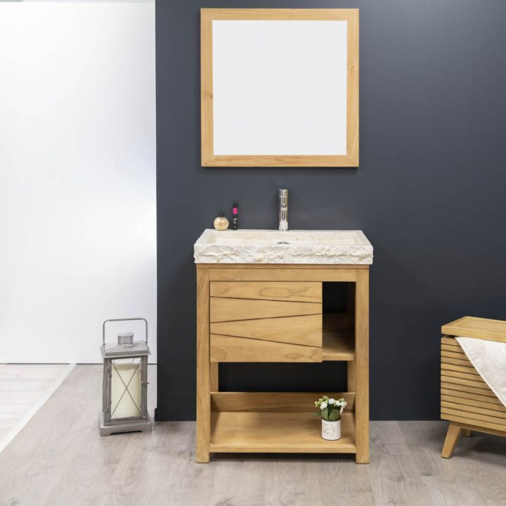 Mueble De Teca Maciza Cosy 67 Cm + Lavabo Crema dedans Meuble Lavabo Bois Clair