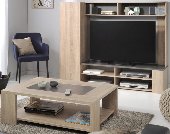 Wohnzimmer Fumio 4 Eiche Natur Nachbildung Steinoptik Tv avec Vitrine Fumay