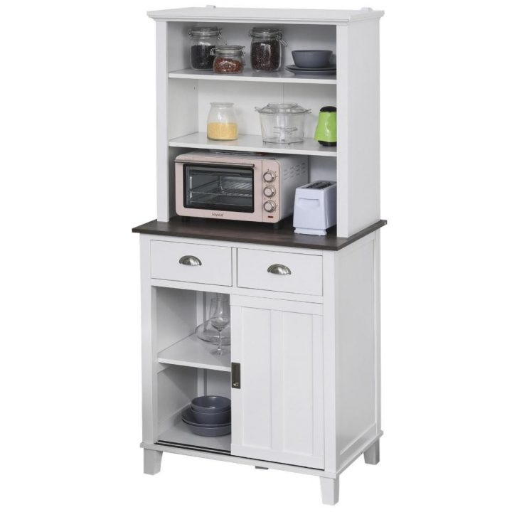 Armoire De Cuisine Multi-Rangements 2 Portes Coulissantes 2 Tiroirs 2  Étagères + Plateau Blanc Noir intérieur Étagère Micro Onde Gifi