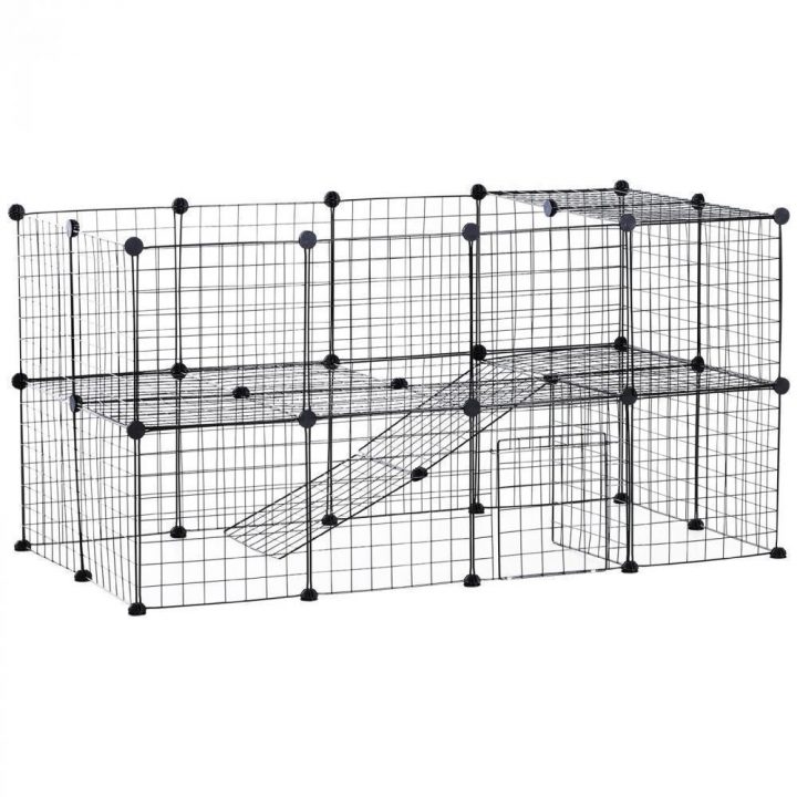 Cage Parc Enclos Pour Animaux Domestiques L 146 X L 73 X H 73 Cm Modulable  2 Niveaux 36 Panneaux Bords Arrondis Fil Métallique Noir concernant Rideaux Modulables Gifi