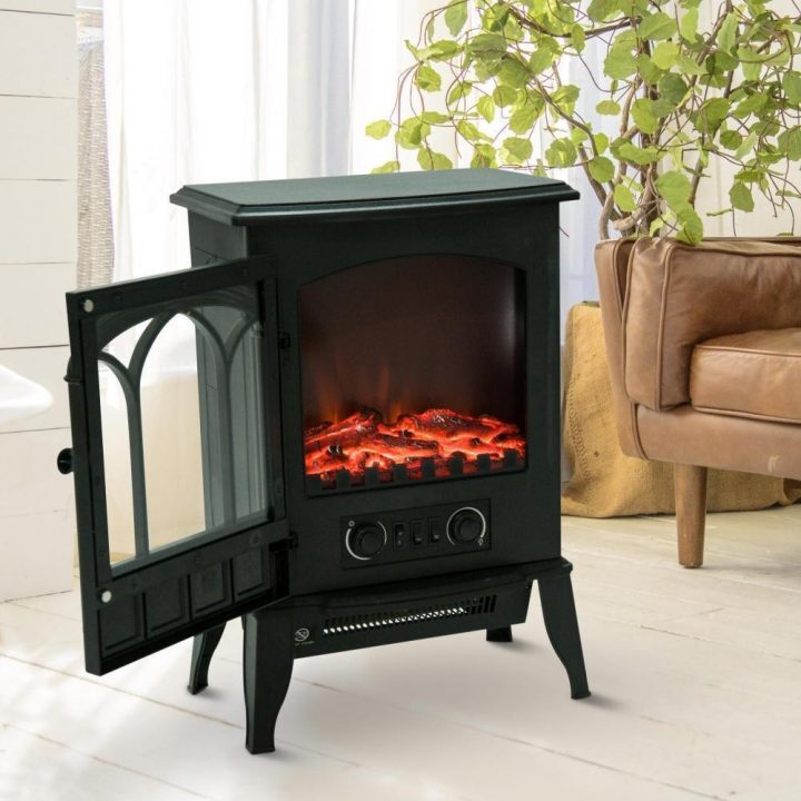 Cheminée Électrique Poêle Style Rétro 1000-2000 W Simulation Flammes Led  Porte Noir avec Manteau De Cheminée Décorative Gifi