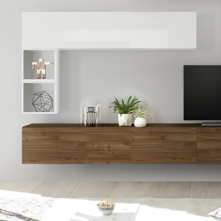 Ensemble Meuble Tv Mural Couleur Bois Et Blanc Piana encequiconcerne Meuble Tv Piana