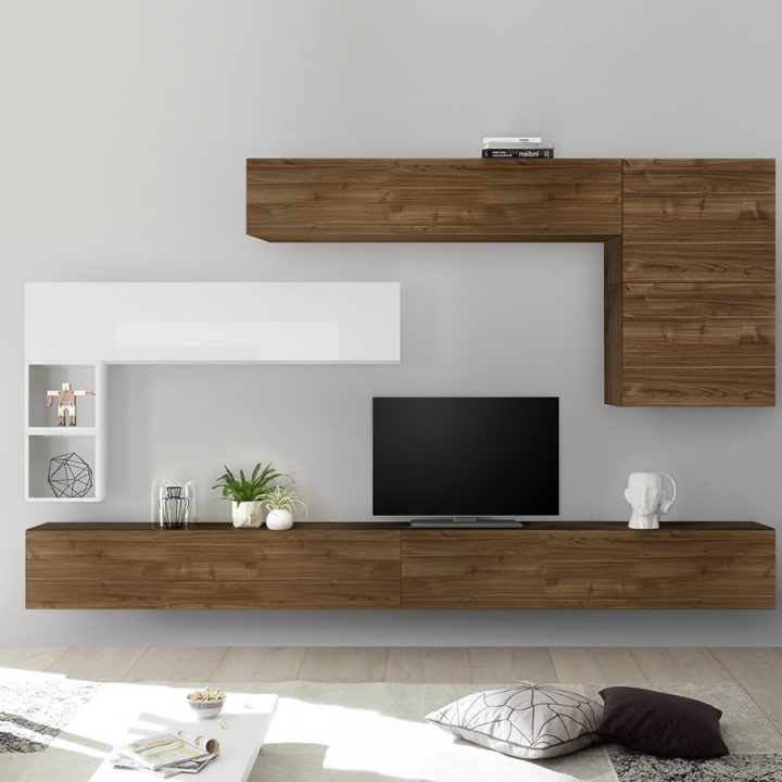 Ensemble Meuble Tv Mural Couleur Bois Et Blanc Piana intérieur Meuble Tv Piana