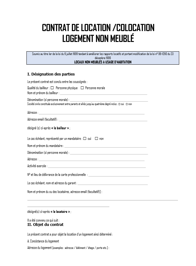 Contrat De Location Non Meublé Simplifié Gratuit À concernant Kit Location Habitation Vide Pdf