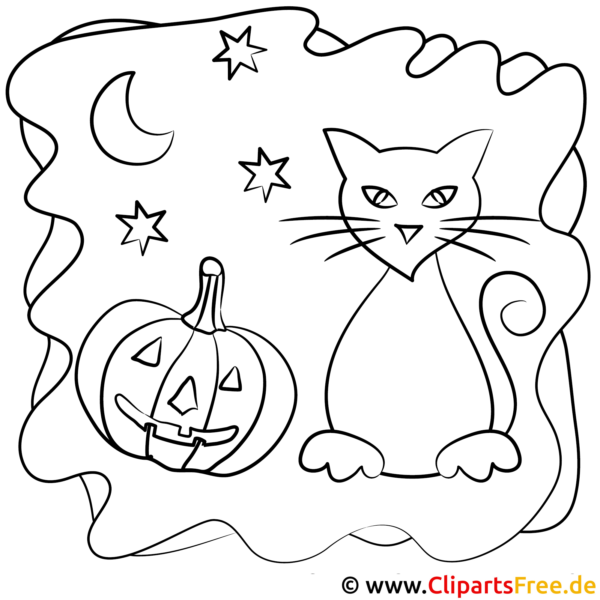 Halloween Bild zum Ausmalen Katze und Pumpkin