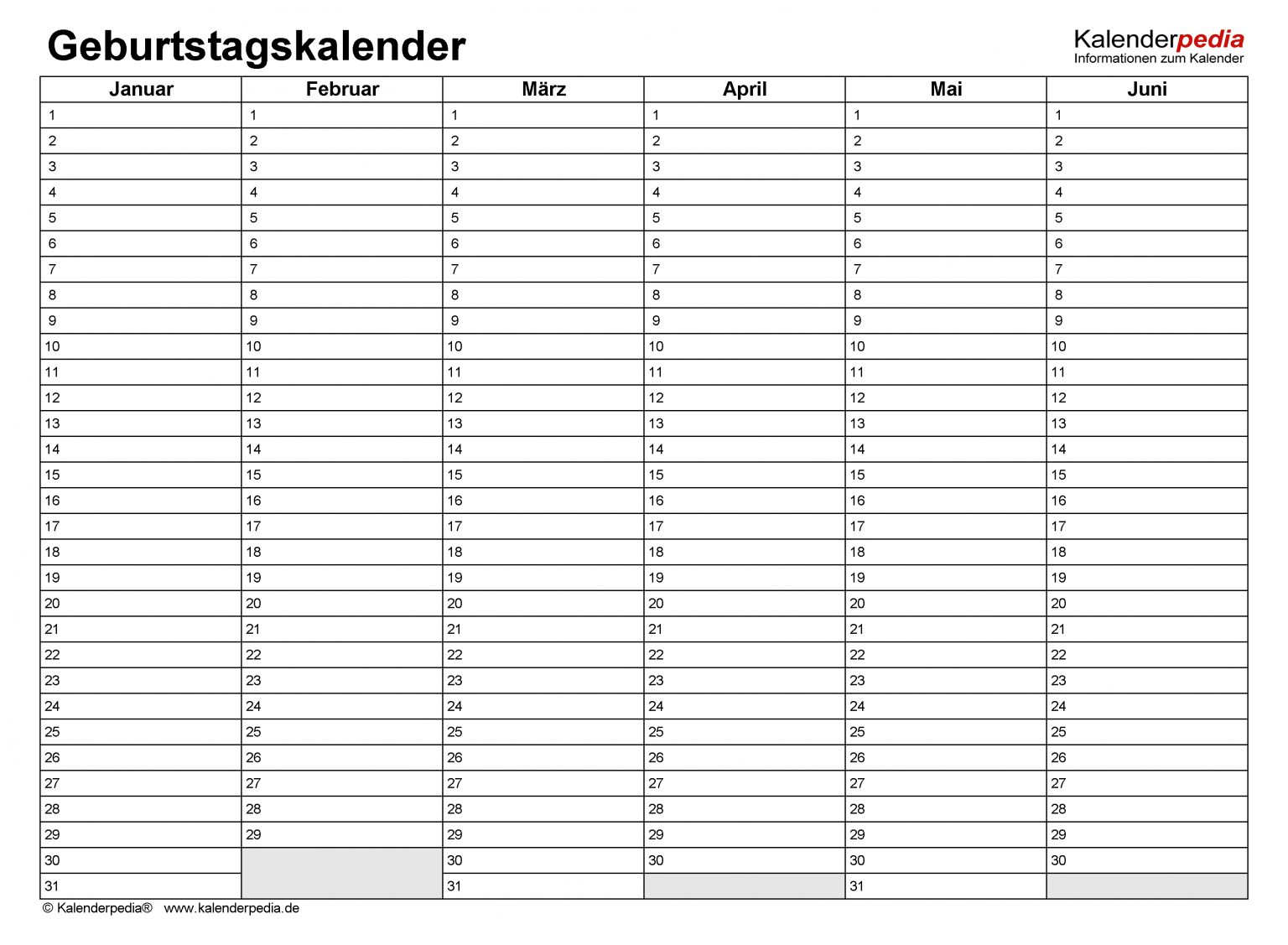 Geburtstagskalender In Pdf Zum Ausdrucken (10 Varianten) ganzes